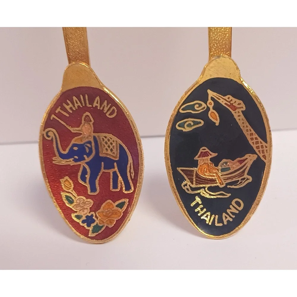 2 Vintage Authentic Thailand Thai Elephant Floating Market Vendor Souvenir Spoon